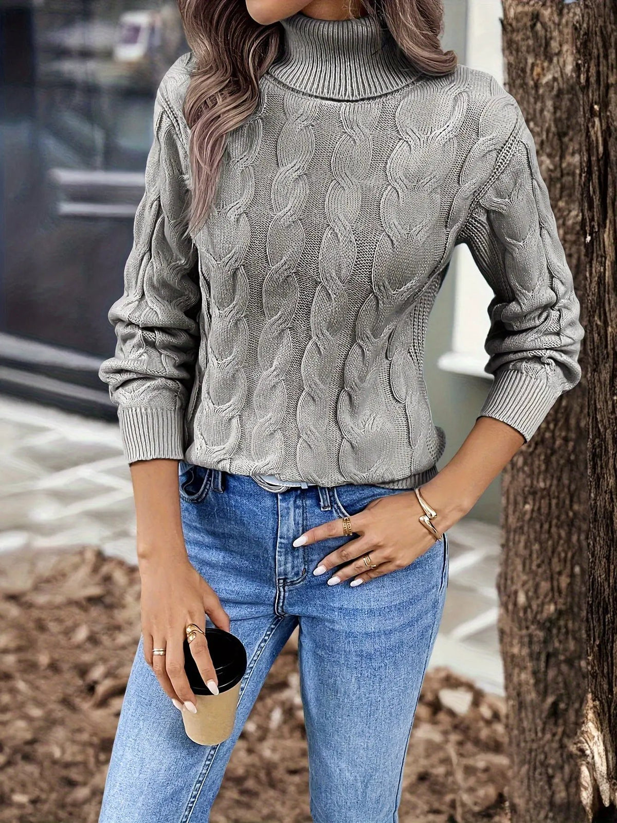 Women's Cable Knit Turtleneck Jumper in Relaxed Fit-Women's Sweaters-Bellmaren-Red-S-My Store