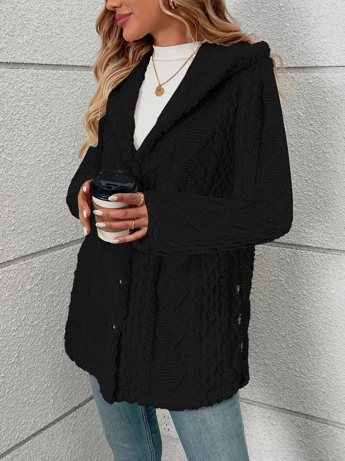 Women's Textured Button-Front Coat Relaxed Fit-Women's Coats & Jackets-Bellmaren-Black-S-My Store