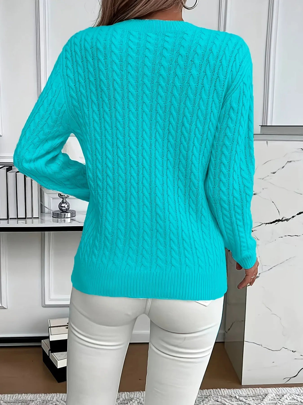 Women's Cable Knit Round Neck Jumper Relaxed Silhouette-Women's Sweaters-Bellmaren-Light Green-S-My Store