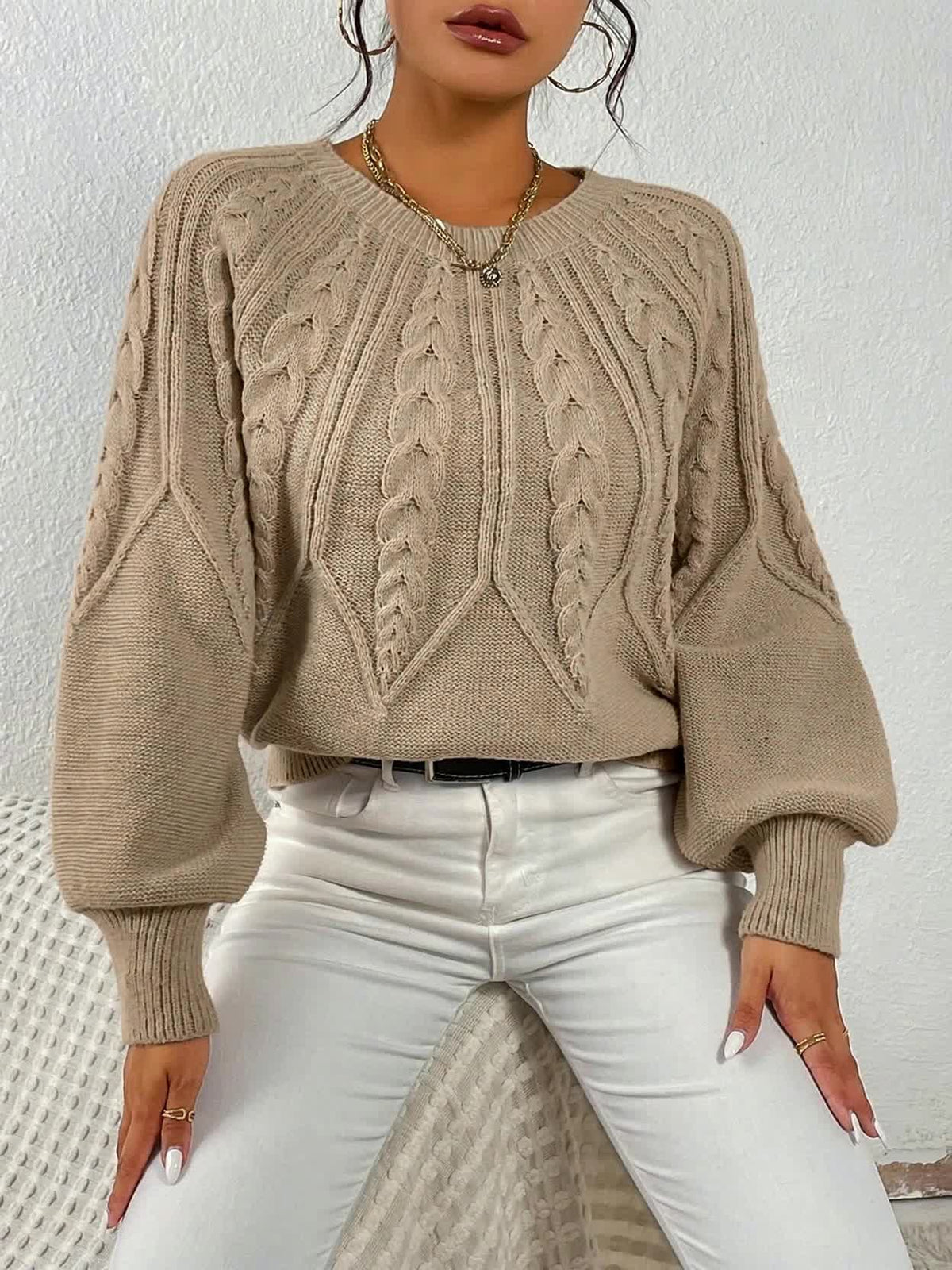 Women's Cable-Knit Lantern Sleeve Jumper, Relaxed Fit-Women's Sweaters-Bellmaren-Khaki-S-My Store