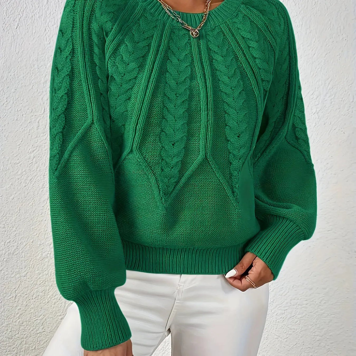 Women's Cable Knit Round Neck Sweater with Raglan Sleeves-Women's Sweaters-Bellmaren-Green-S-My Store