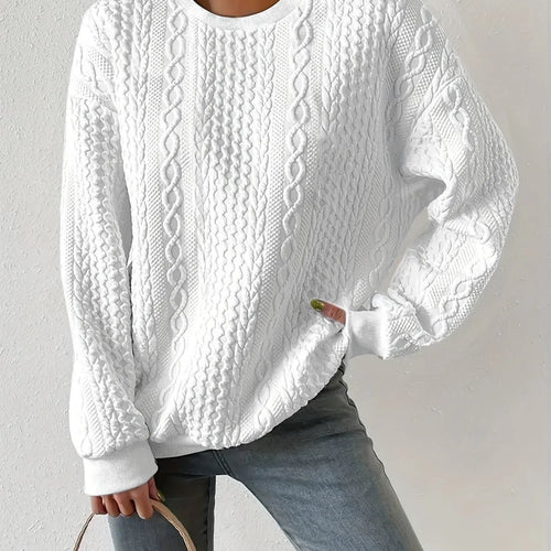 Women's Textured Cable-Knit Sweatshirt Crewneck Design-Women's Sweaters-Bellmaren-White-S-My Store