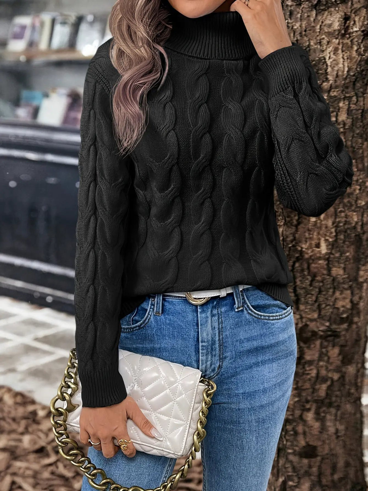 Women's Cable Knit Turtleneck Jumper in Relaxed Fit-Women's Sweaters-Bellmaren-Red-S-My Store