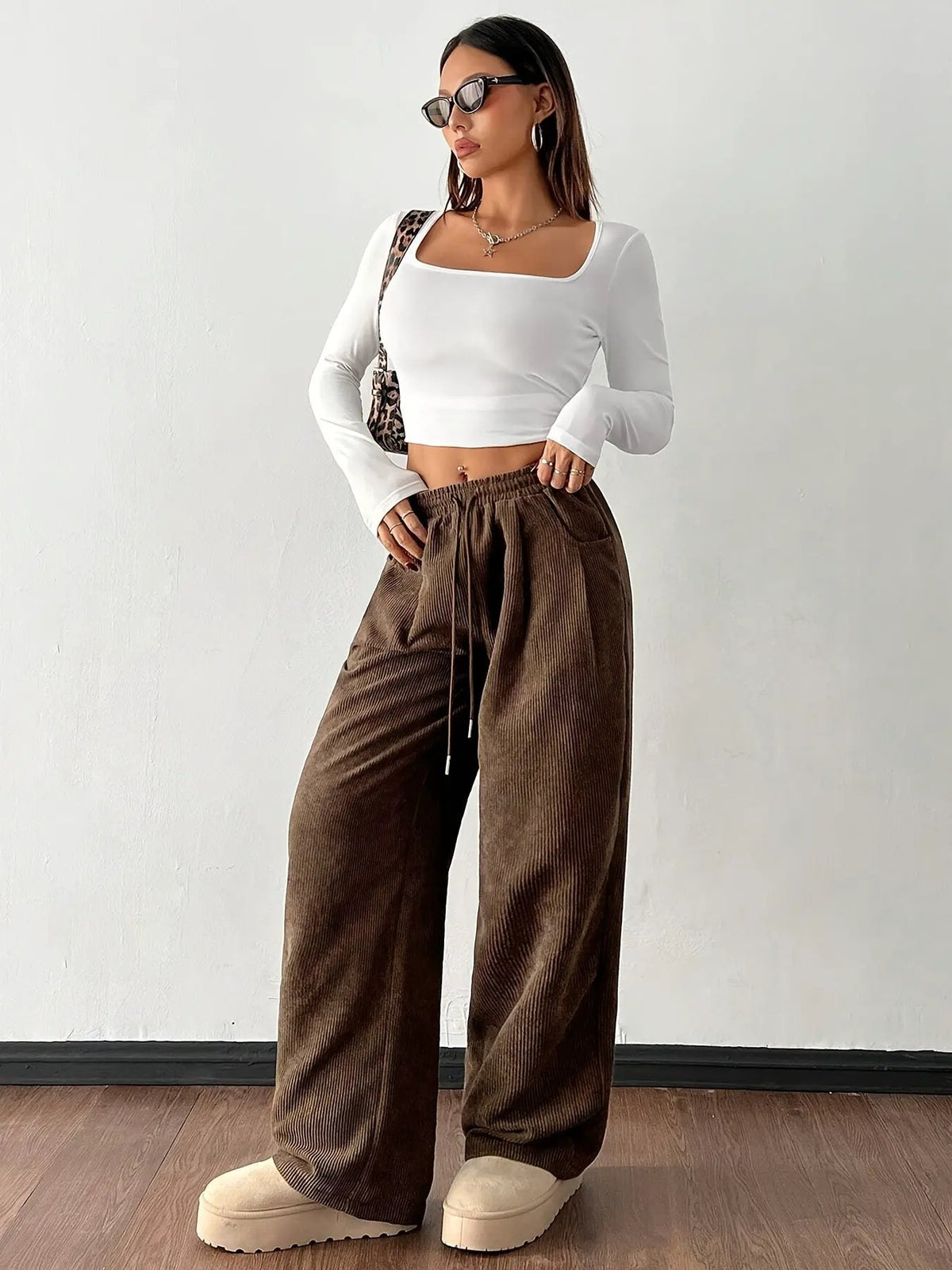 Women's Relaxed Wide-Leg Trousers - Drawstring Waist-Women's Trousers-Bellmaren-Dark Brown-S-My Store