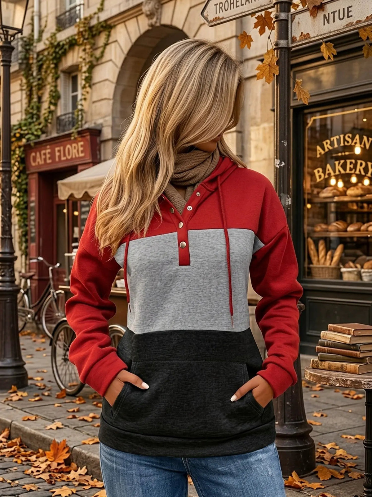 Women's Colour Block Hoodie with Button Neck-Women's Hoodies-Bellmaren-Black-S-My Store
