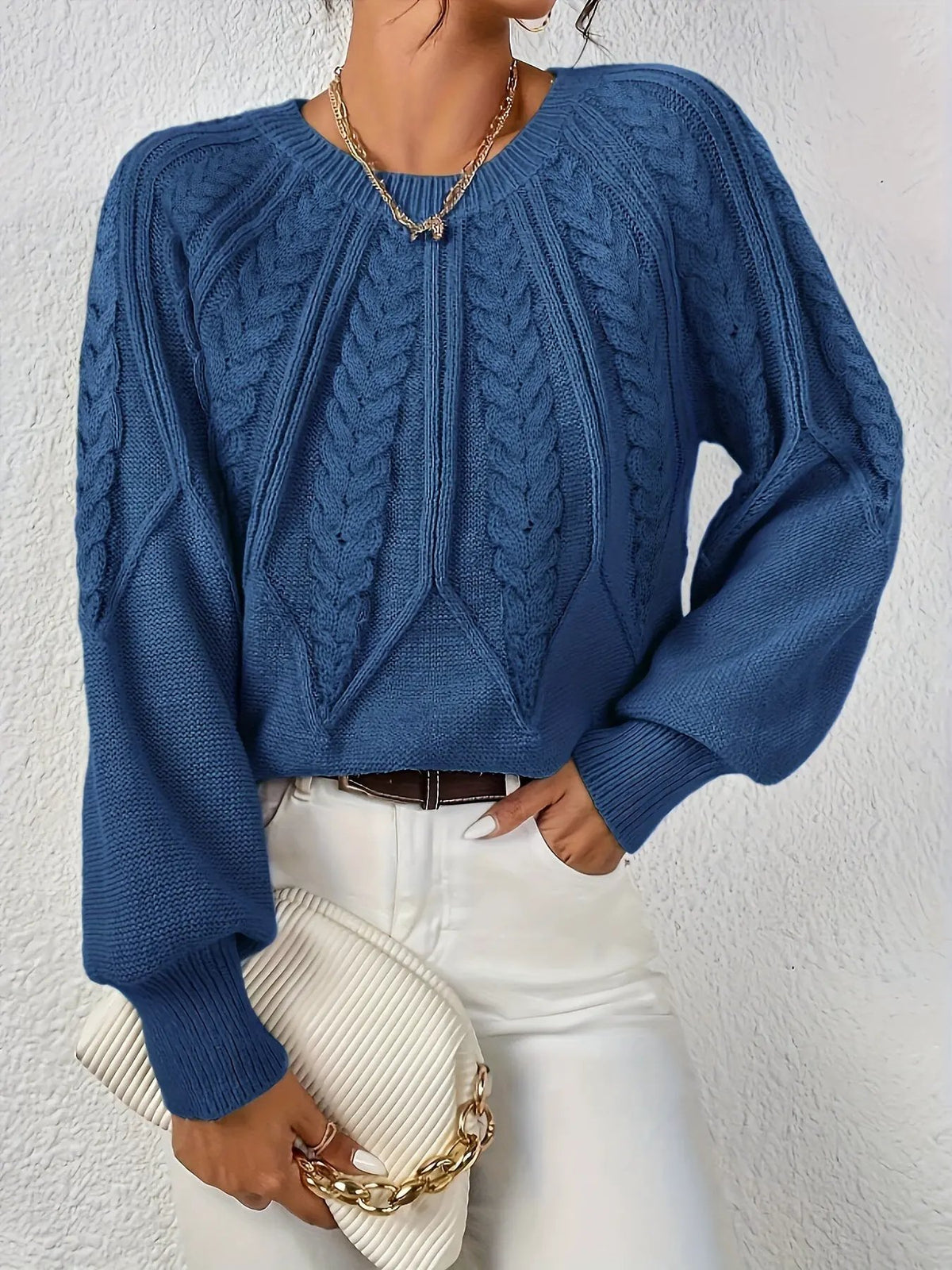 Women's Cable Knit Round Neck Sweater with Raglan Sleeves-Women's Sweaters-Bellmaren-Matcha-S-My Store