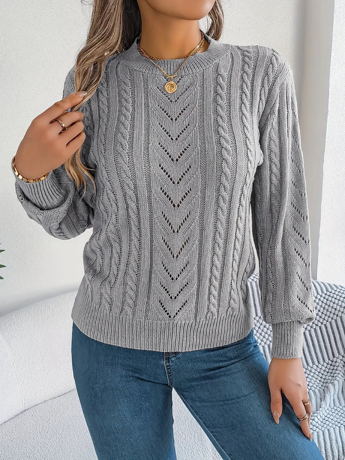 Women's Cable Knit Textured Sweater with Openwork Detailing-Women's Sweaters-Bellmaren-Khaki-S-My Store