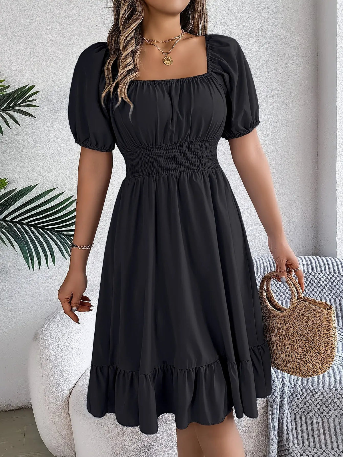 Women's Square Neck Ruffle Hem A-Line Dress-Women's Dresses-Bellmaren-Sky Blue-S-My Store