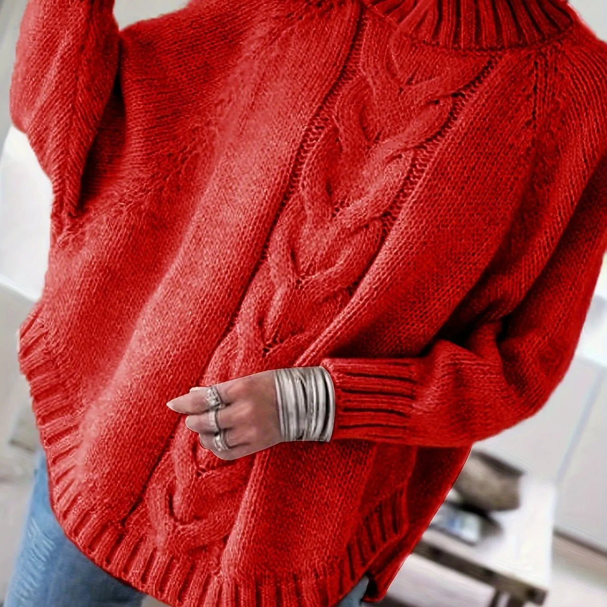 Women's Cable-Knit High-Neck Jumper - Relaxed Fit-Women's Sweaters-Bellmaren-Red-S-My Store
