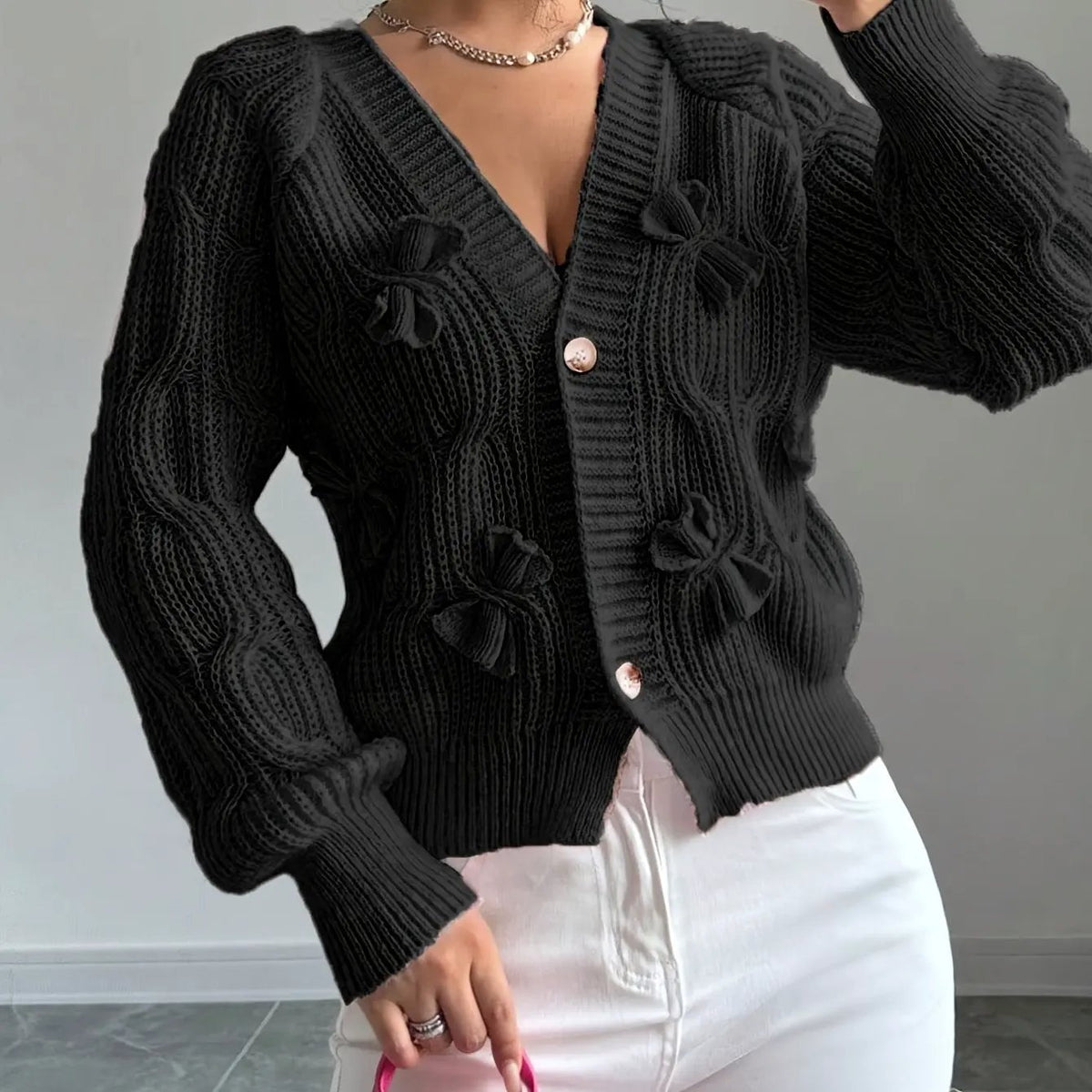 Women's Bow-Detail Long Sleeve Button Cardigan-Women’s Cardigans-Bellmaren-Black-S-My Store