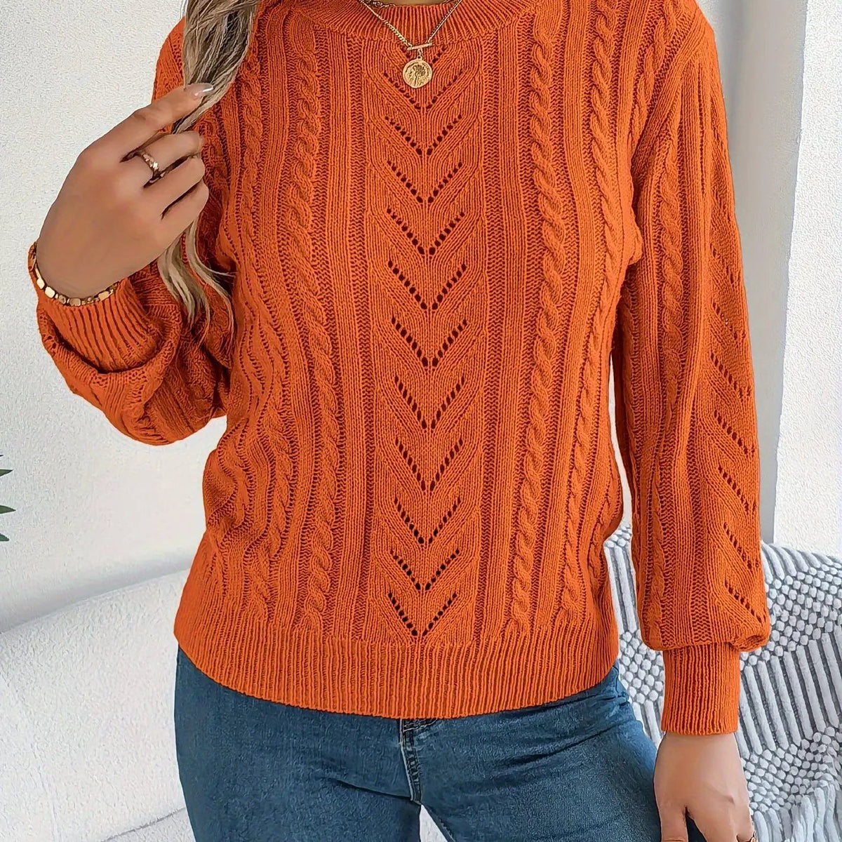 Women's Cable Knit Textured Sweater with Openwork Detailing-Women's Sweaters-Bellmaren-Orange-Red-S-My Store
