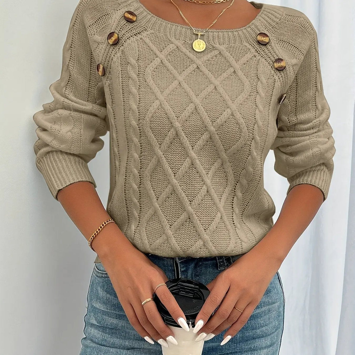 Women's Button-Front Textured Jumper with Lantern Sleeves by Bellmaren