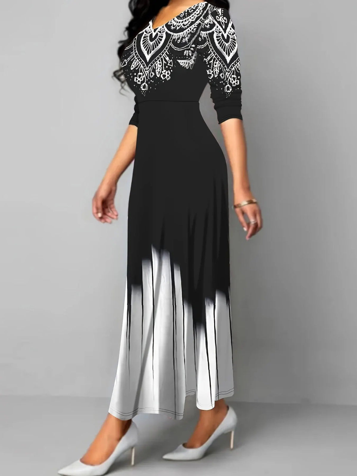 Women's Printed Flared Maxi Dress with Flowing Hem-Women's Dresses-Bellmaren-Black-S-My Store