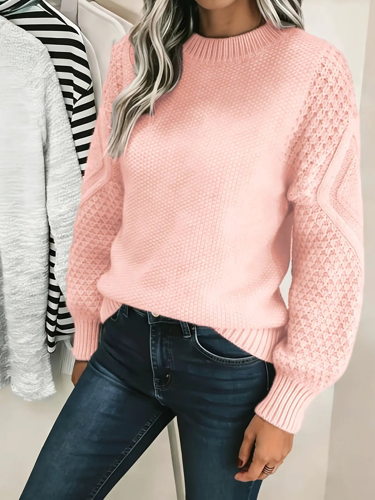 Women's Oversized Lantern Sleeve Textured Jumper-Women's Sweaters-Bellmaren-Pink-XL-My Store