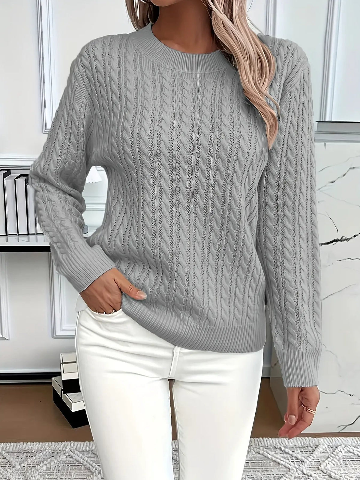 Women's Cable Knit Round Neck Jumper Relaxed Silhouette-Women's Sweaters-Bellmaren-Light Green-S-My Store