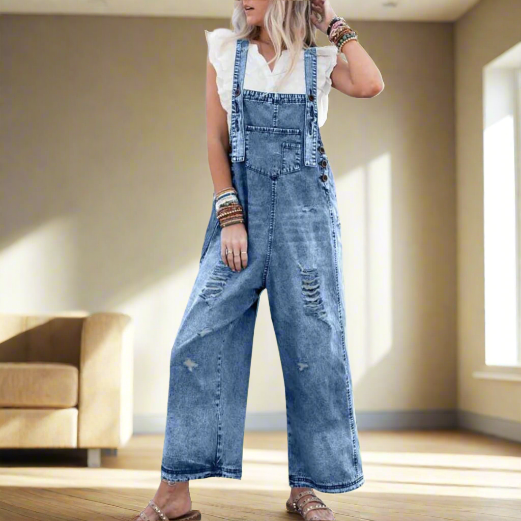 Women's Vintage Plain Jumpsuit with Adjustable Fit-Women's Jumpsuits-Bellmaren-Blue-S-My Store