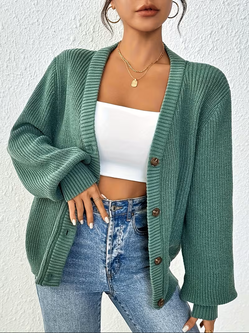 Women's Ribbed V-Neck Cardigan – Relaxed Button-Front Layer