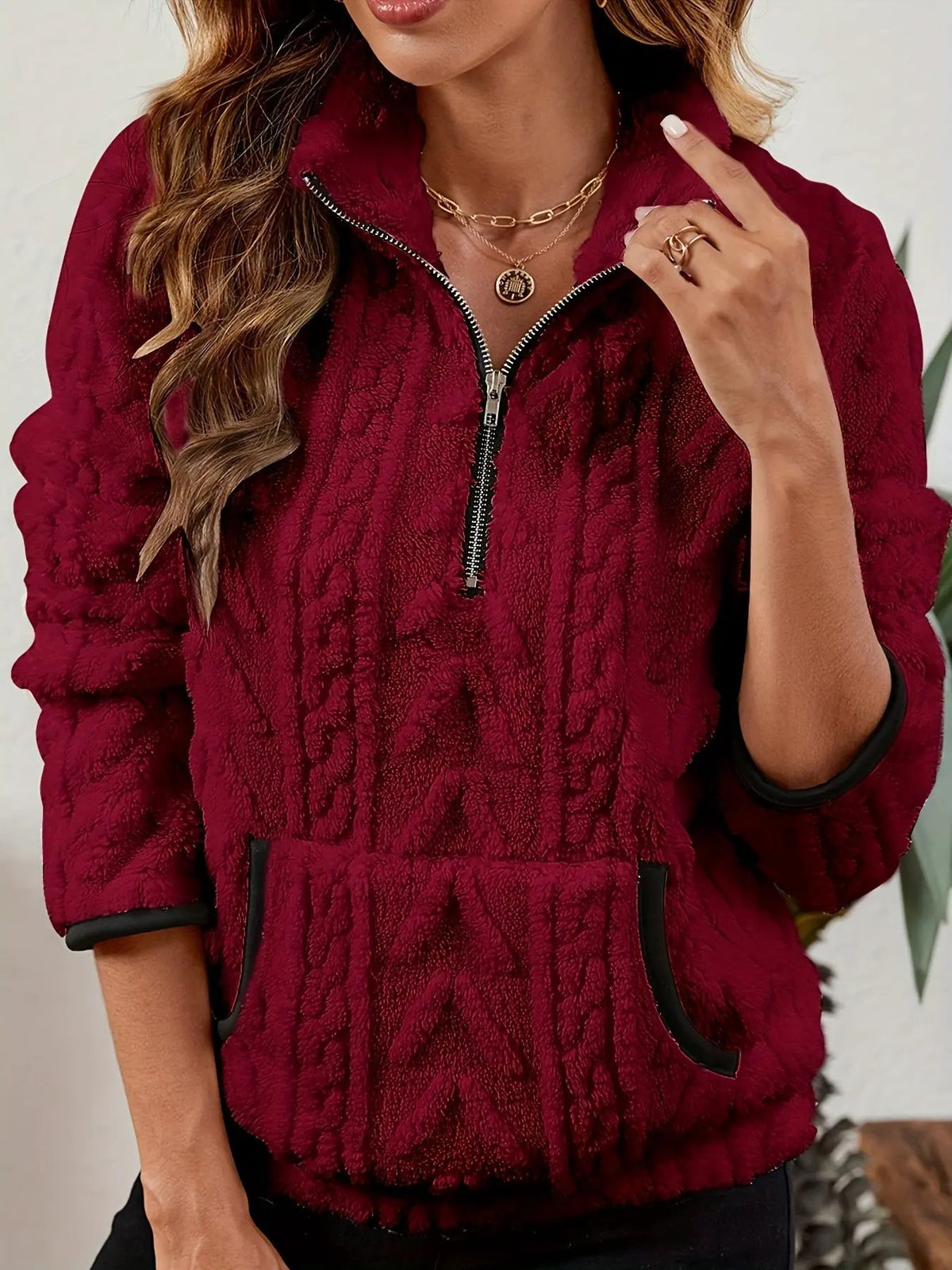 Textured Women's Half Zip Pullover Kangaroo Pocket-Women's Sweaters-Bellmaren-Burgundy-S-My Store