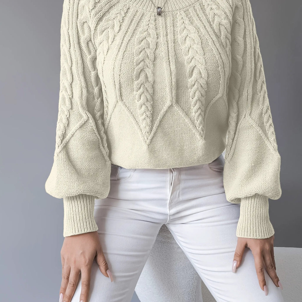 Women's Classic Cable-Knit Lantern-Sleeve Pullover Jumper-Women's Sweaters-Bellmaren-Khaki-S-My Store