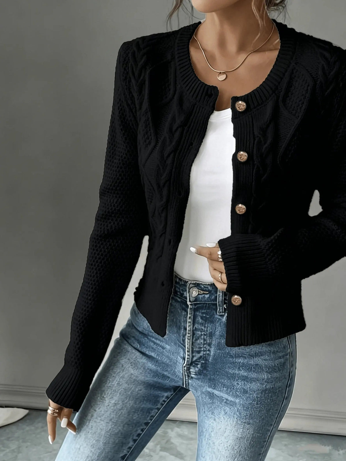 Women's Cable-Knit Button-Front Cardigan-Women’s Cardigans-Bellmaren-Black-S-My Store