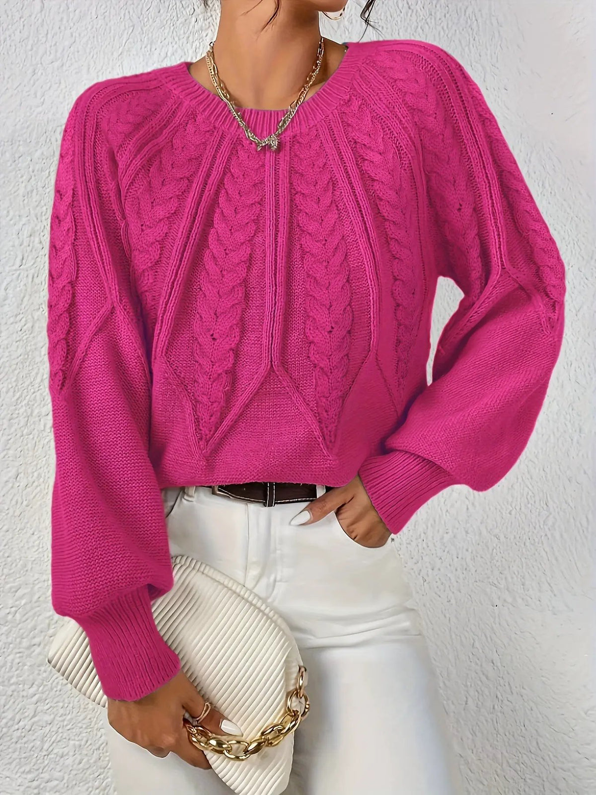 Women's Cable Knit Round Neck Sweater with Raglan Sleeves-Women's Sweaters-Bellmaren-Matcha-S-My Store