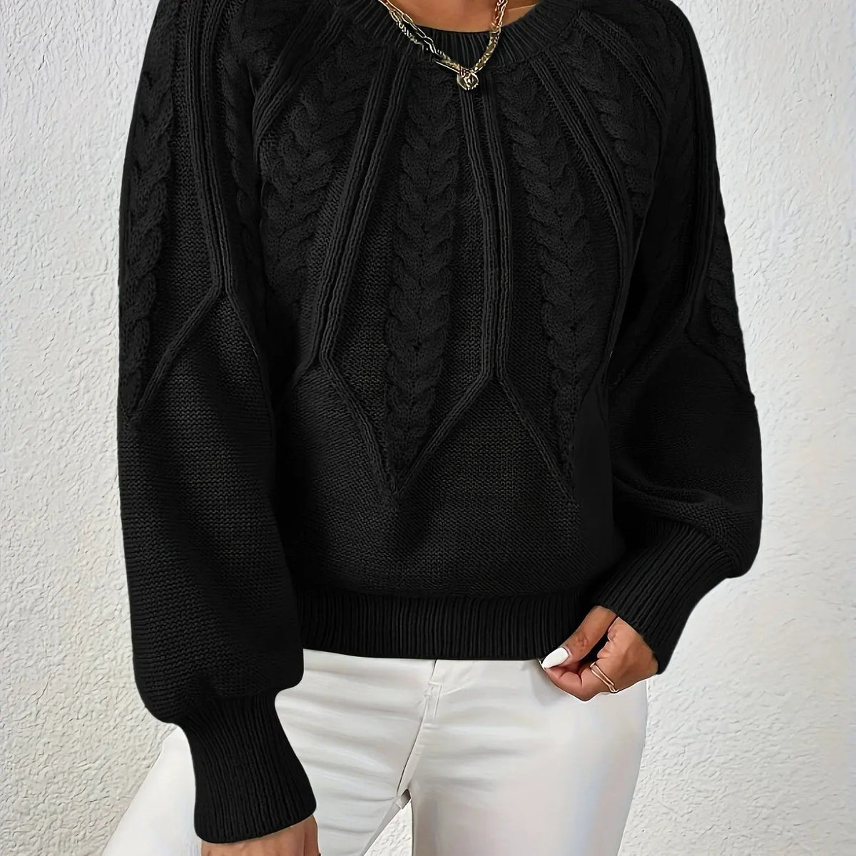 Women's Cable Knit Round Neck Sweater with Raglan Sleeves-Women's Sweaters-Bellmaren-Black-S-My Store