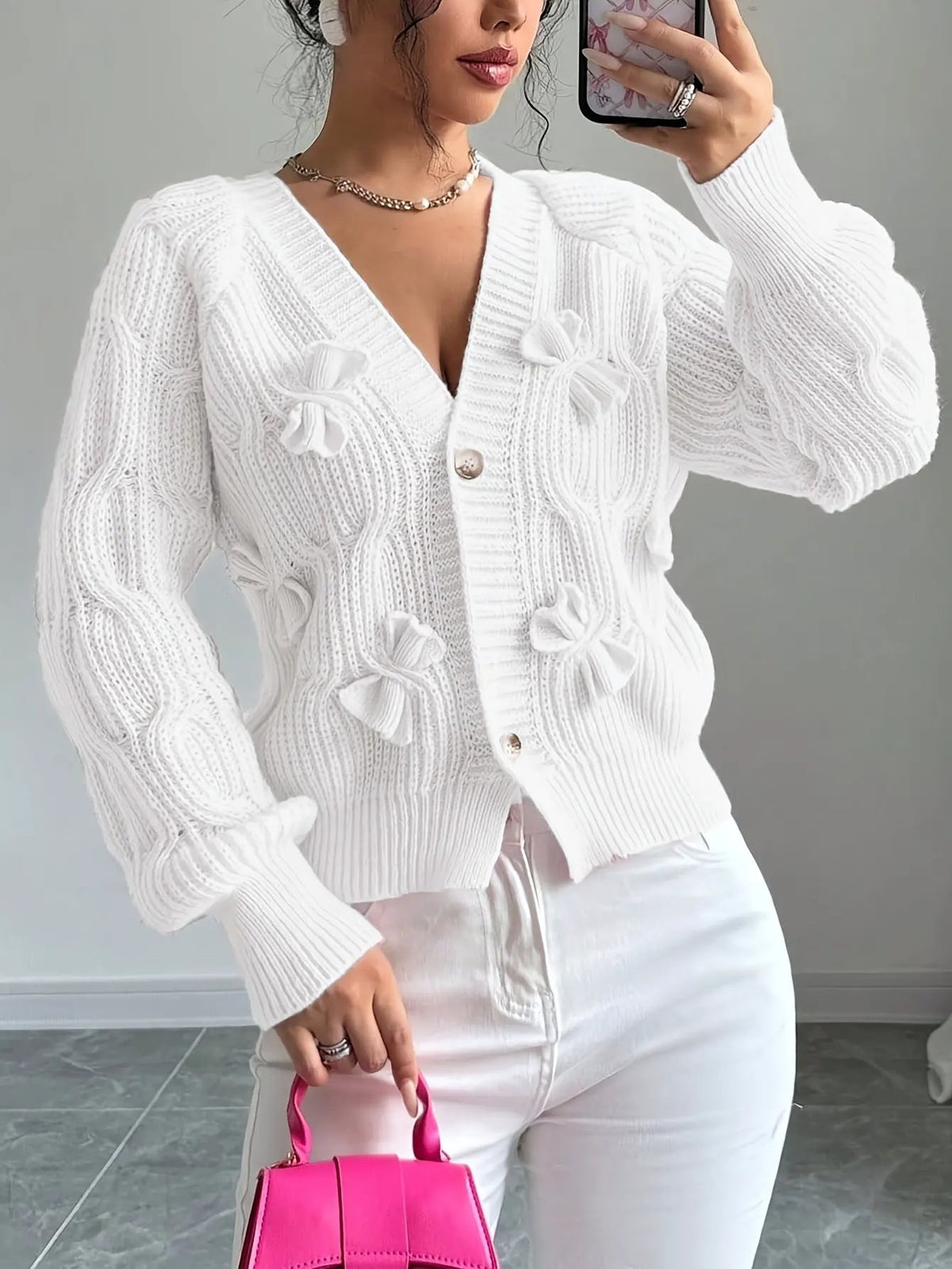 Women's Bow-Detail Long Sleeve Button Cardigan-Women’s Cardigans-Bellmaren-Pink-S-My Store