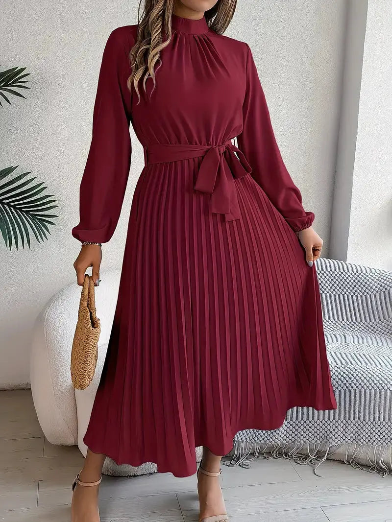 Women's Long-Sleeve Belted Pleated Midi Dress by Bellmaren