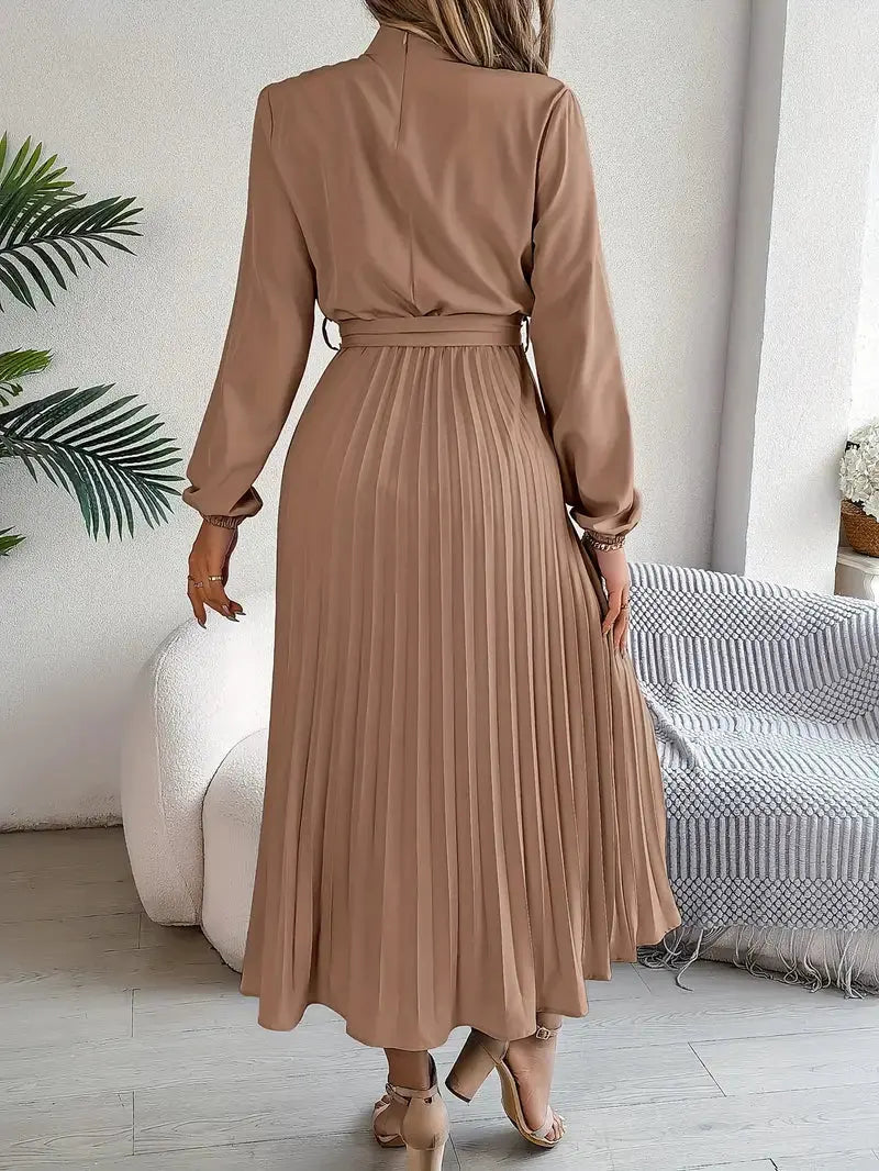 Women's Long-Sleeve Belted Pleated Midi Dress by Bellmaren