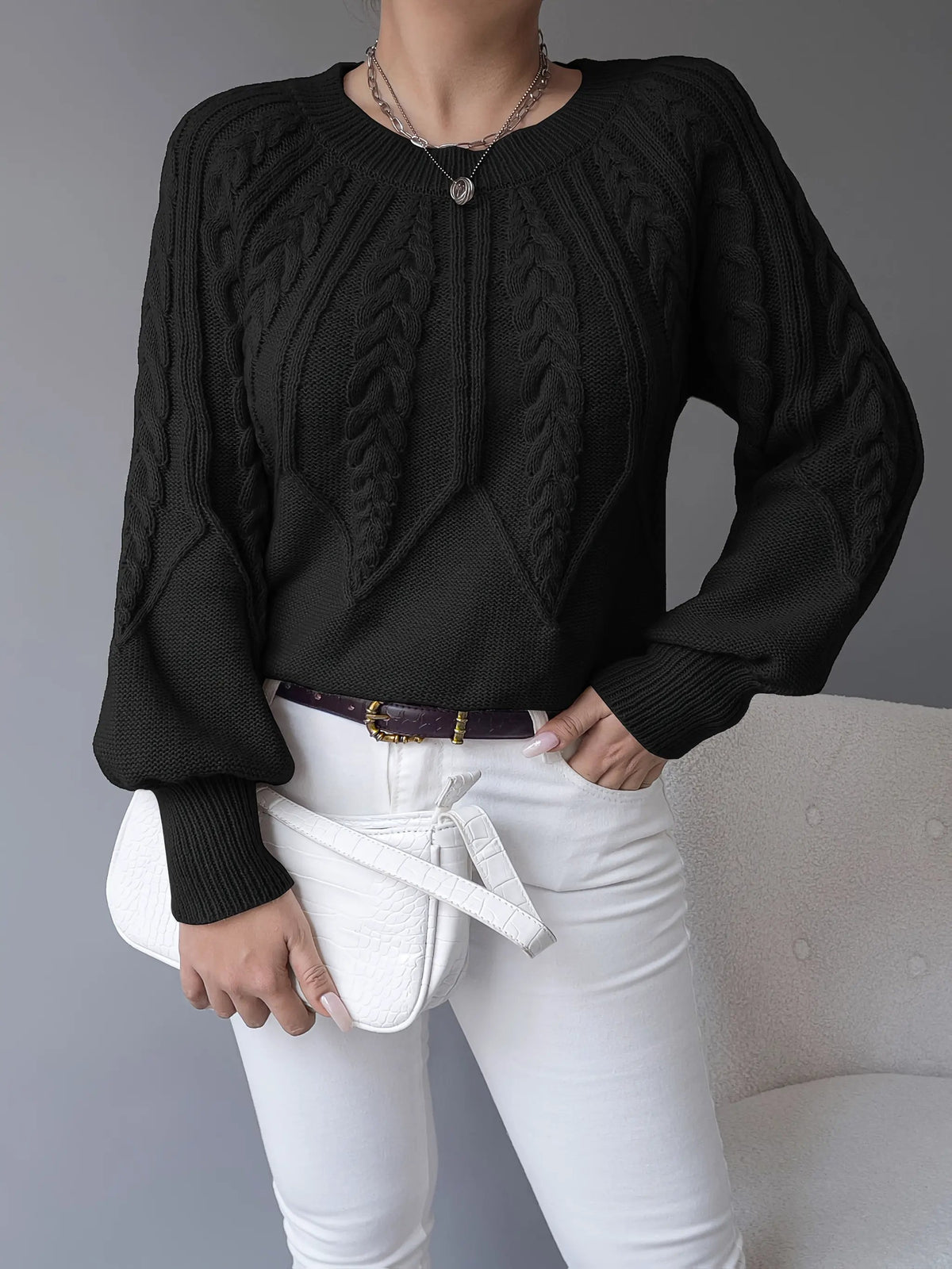 Women's Classic Cable-Knit Lantern-Sleeve Pullover Jumper-Women's Sweaters-Bellmaren-Khaki-S-My Store