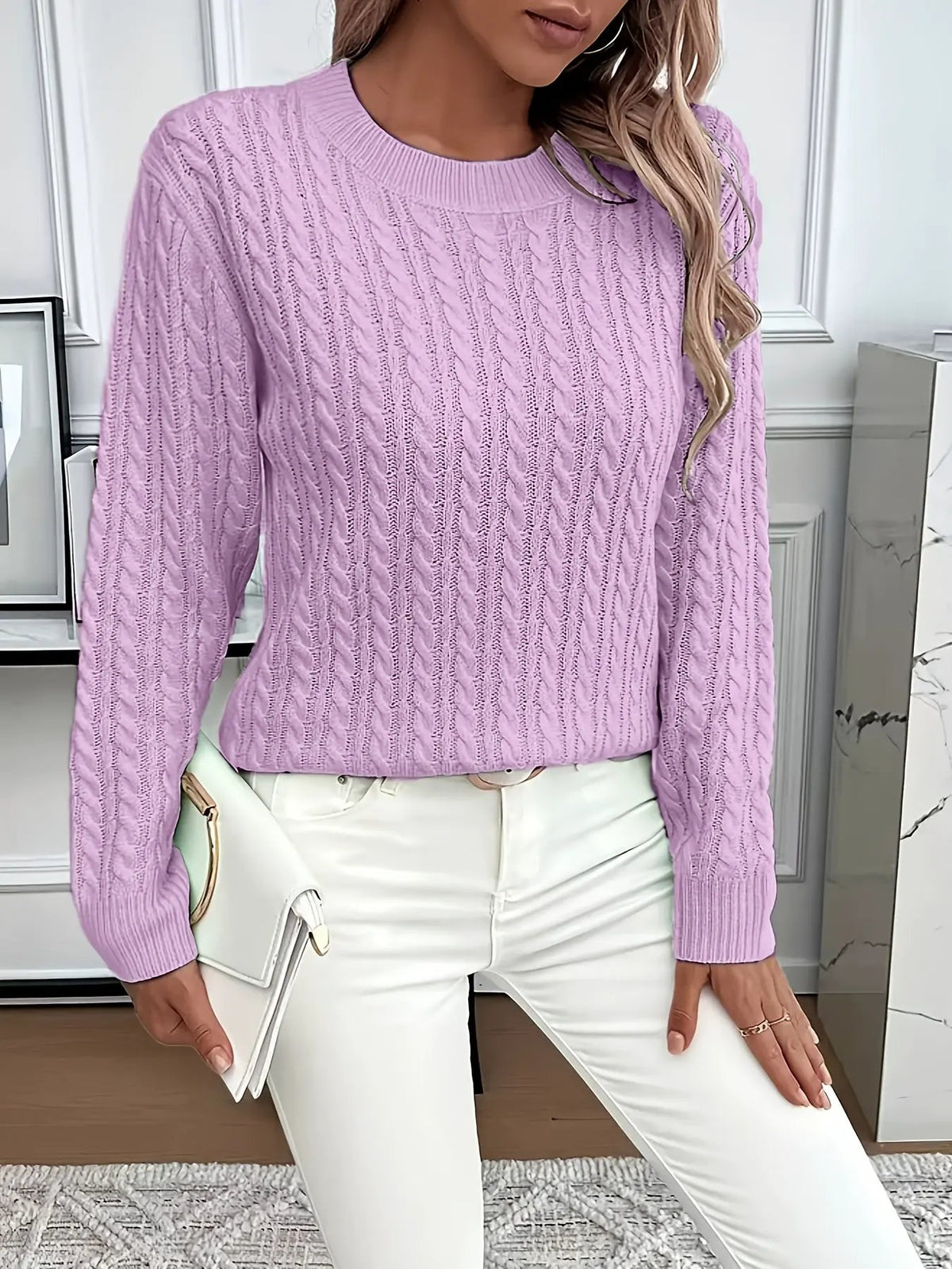 Women's Cable Knit Round Neck Jumper Relaxed Silhouette-Women's Sweaters-Bellmaren-Light Green-S-My Store