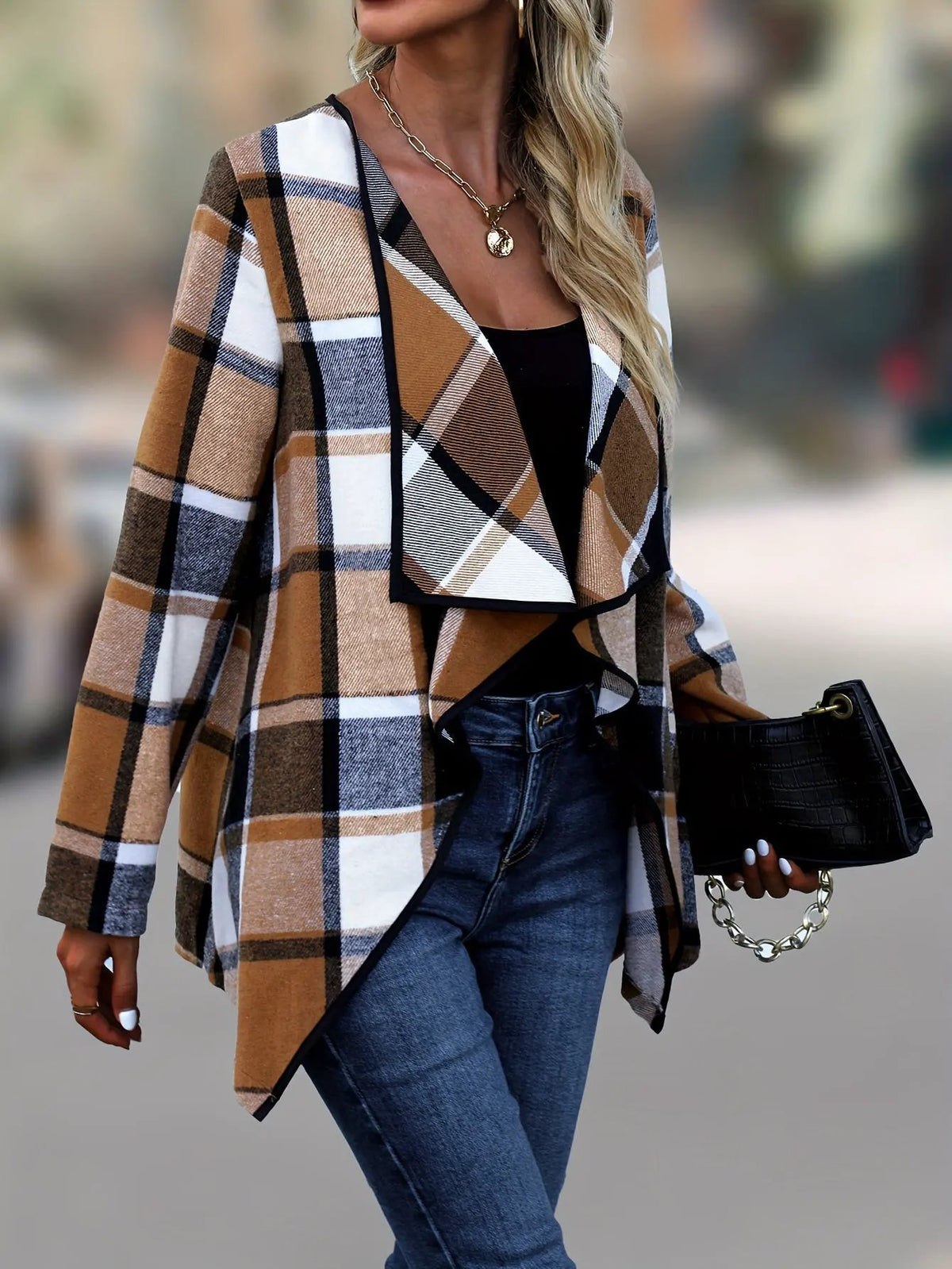 Women's Draped Check Jacket Open Front Relaxed Fit-Women's Coats & Jackets-Bellmaren-Camel & Navy Plaid-S-My Store