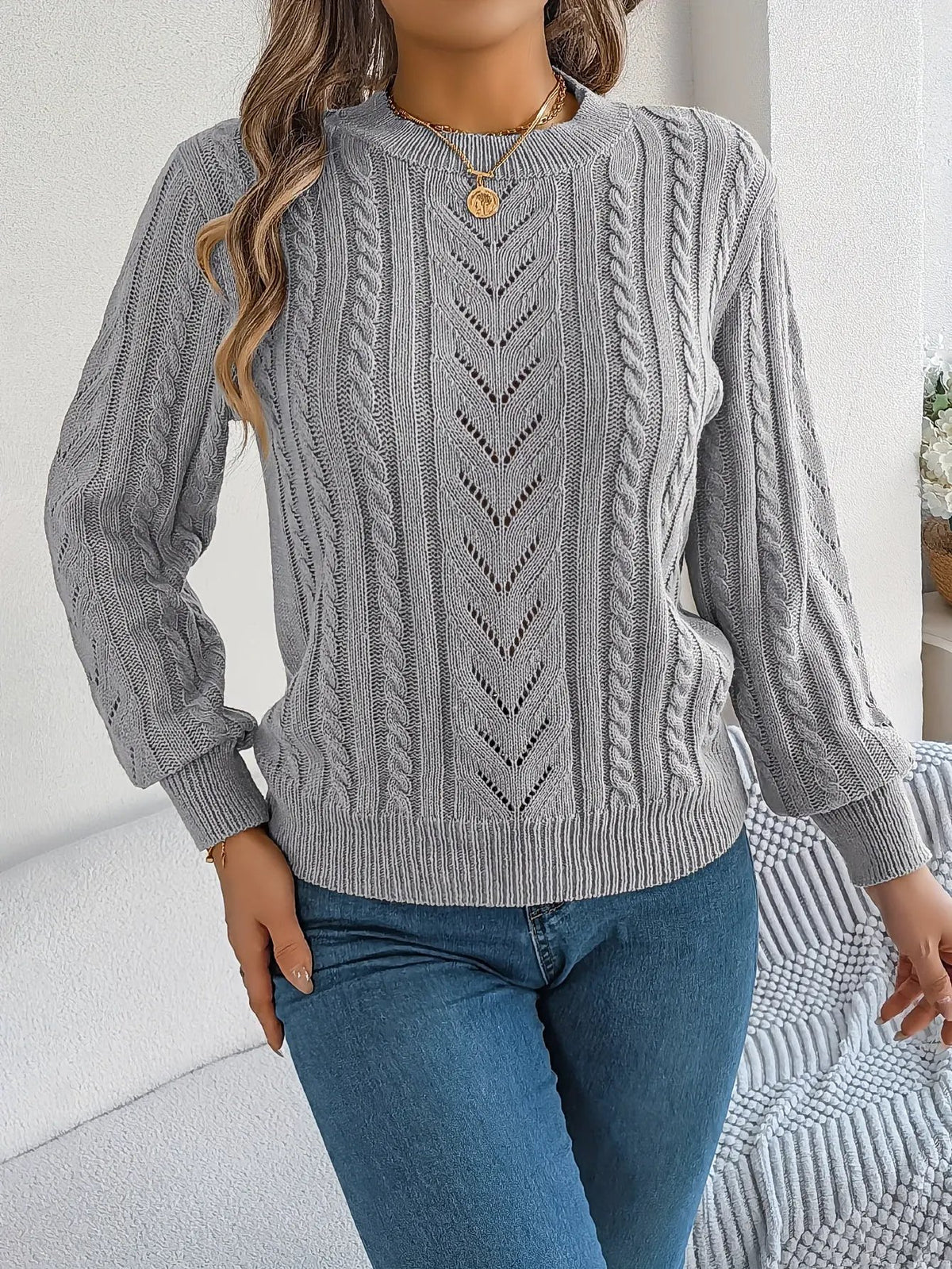 Women's Cable Knit Textured Sweater with Openwork Detailing-Women's Sweaters-Bellmaren-Khaki-S-My Store