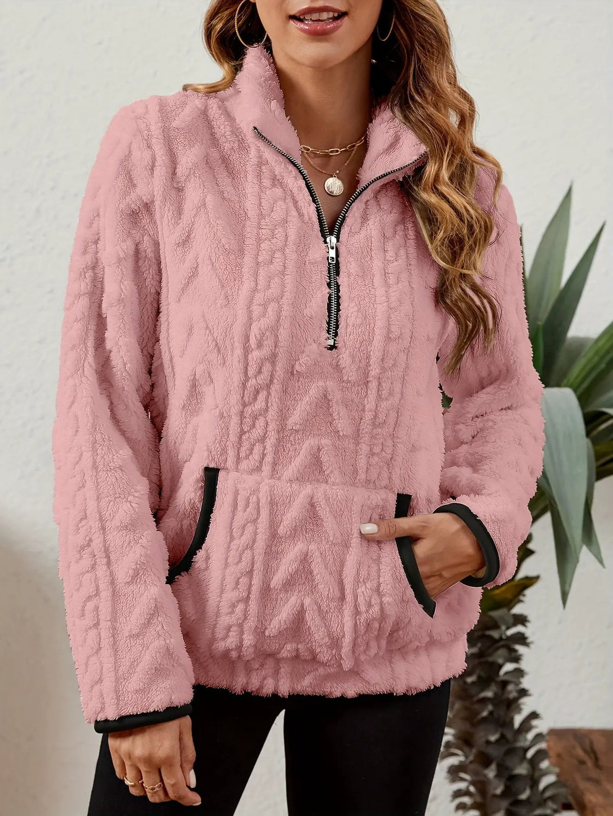 Textured Women's Half Zip Pullover Kangaroo Pocket-Women's Sweaters-Bellmaren-Burgundy-S-My Store
