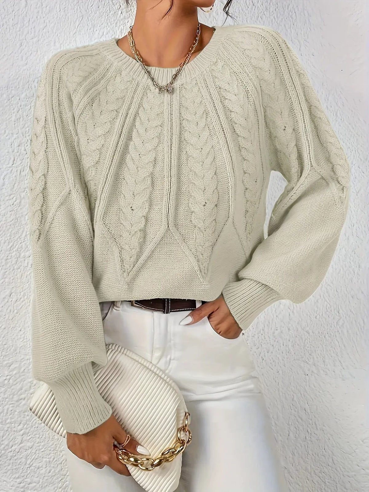 Women's Cable Knit Round Neck Sweater with Raglan Sleeves-Women's Sweaters-Bellmaren-Matcha-S-My Store