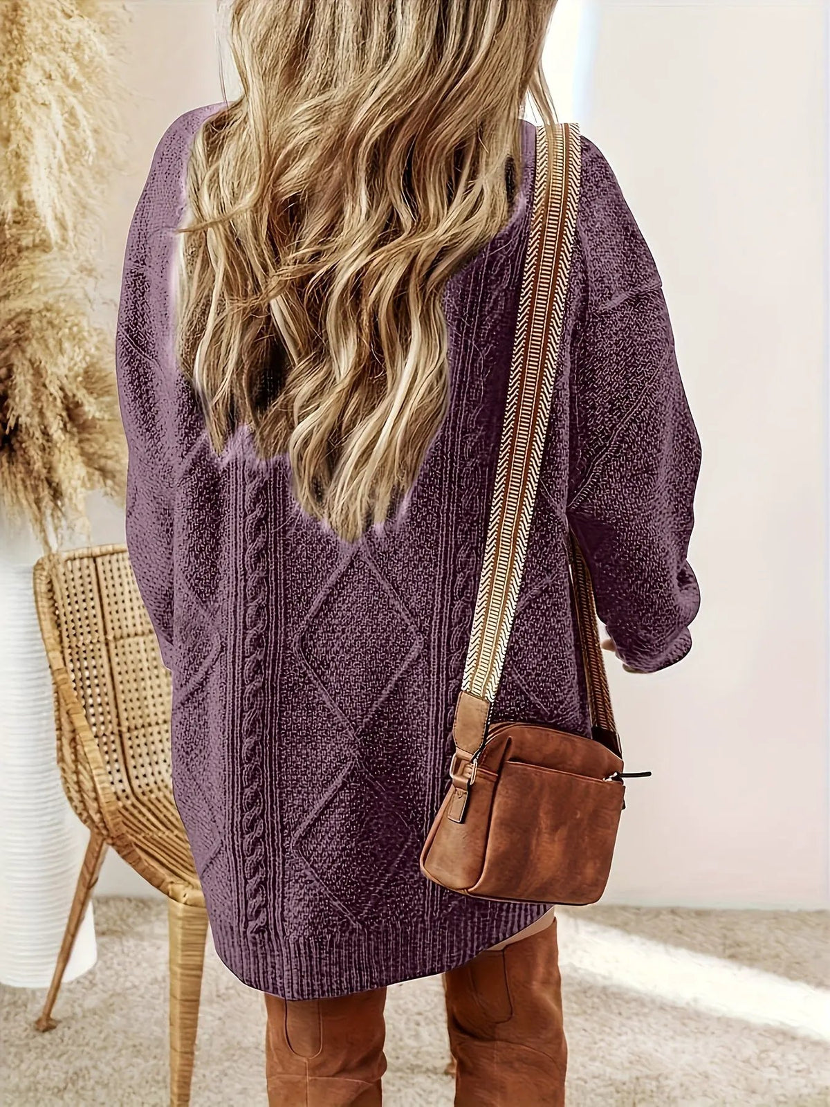 Women's Cable-Knit Sweater Dress - Relaxed Fit-Women's Dresses-Bellmaren-Purple-S-My Store