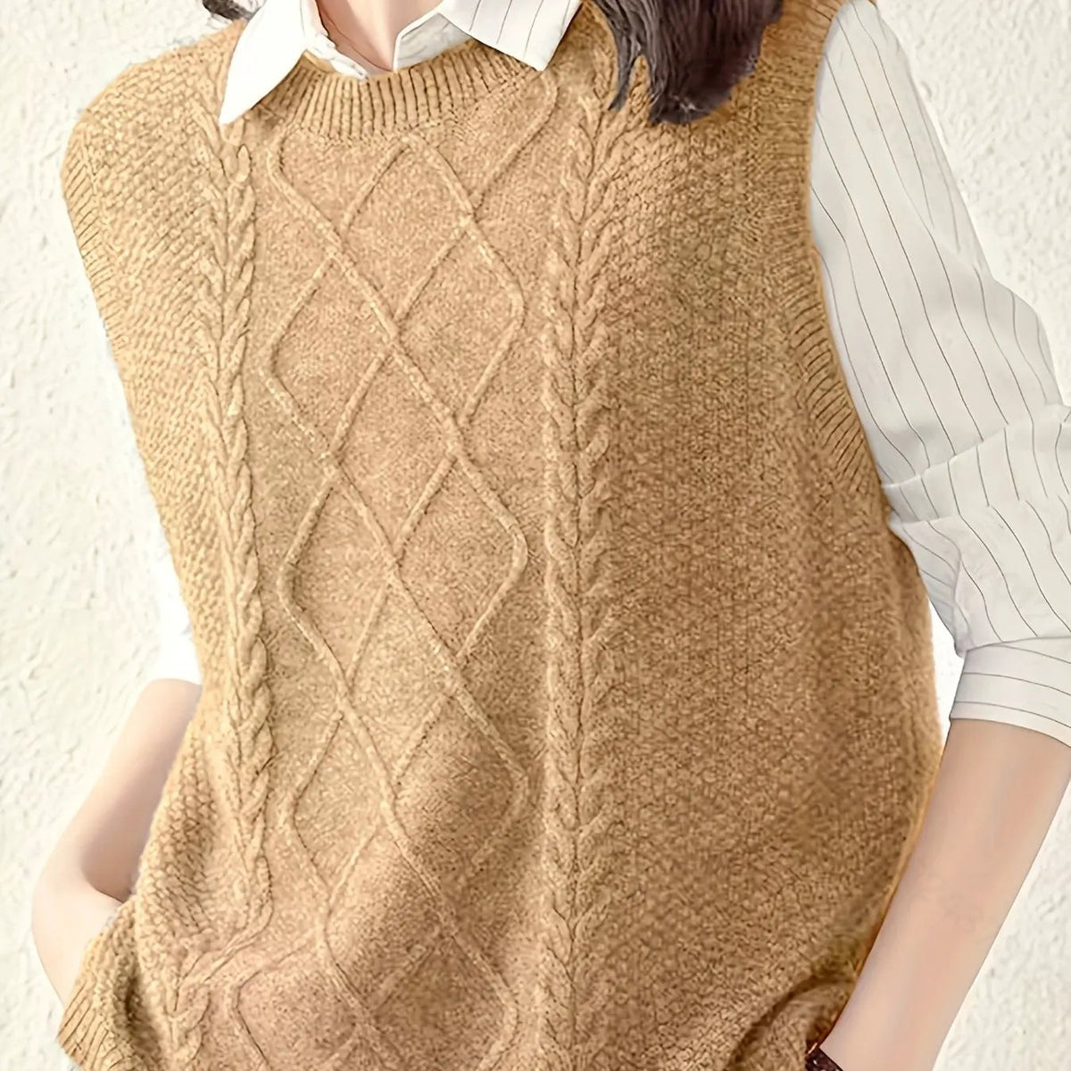 Women's Cable-Knit Sleeveless Vest / Collared Style-Women's Sweaters-Bellmaren-Yellowish-Brown-S-My Store