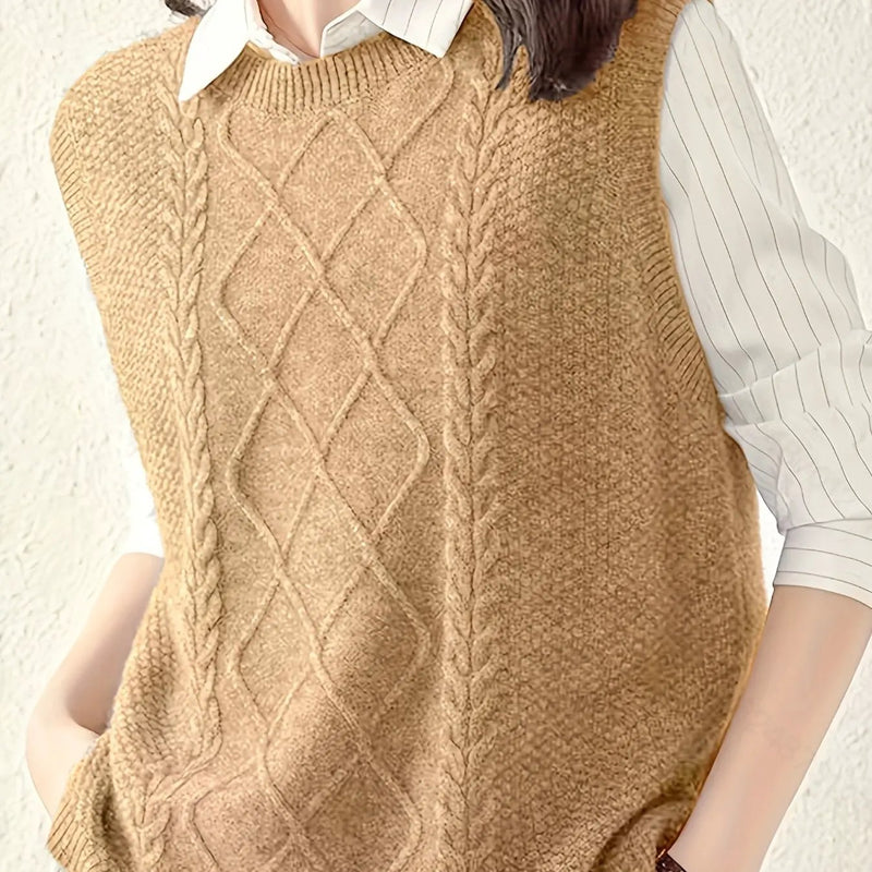 Women's Cable-Knit Waistcoat – Sleeveless, Open Front, Round Neck