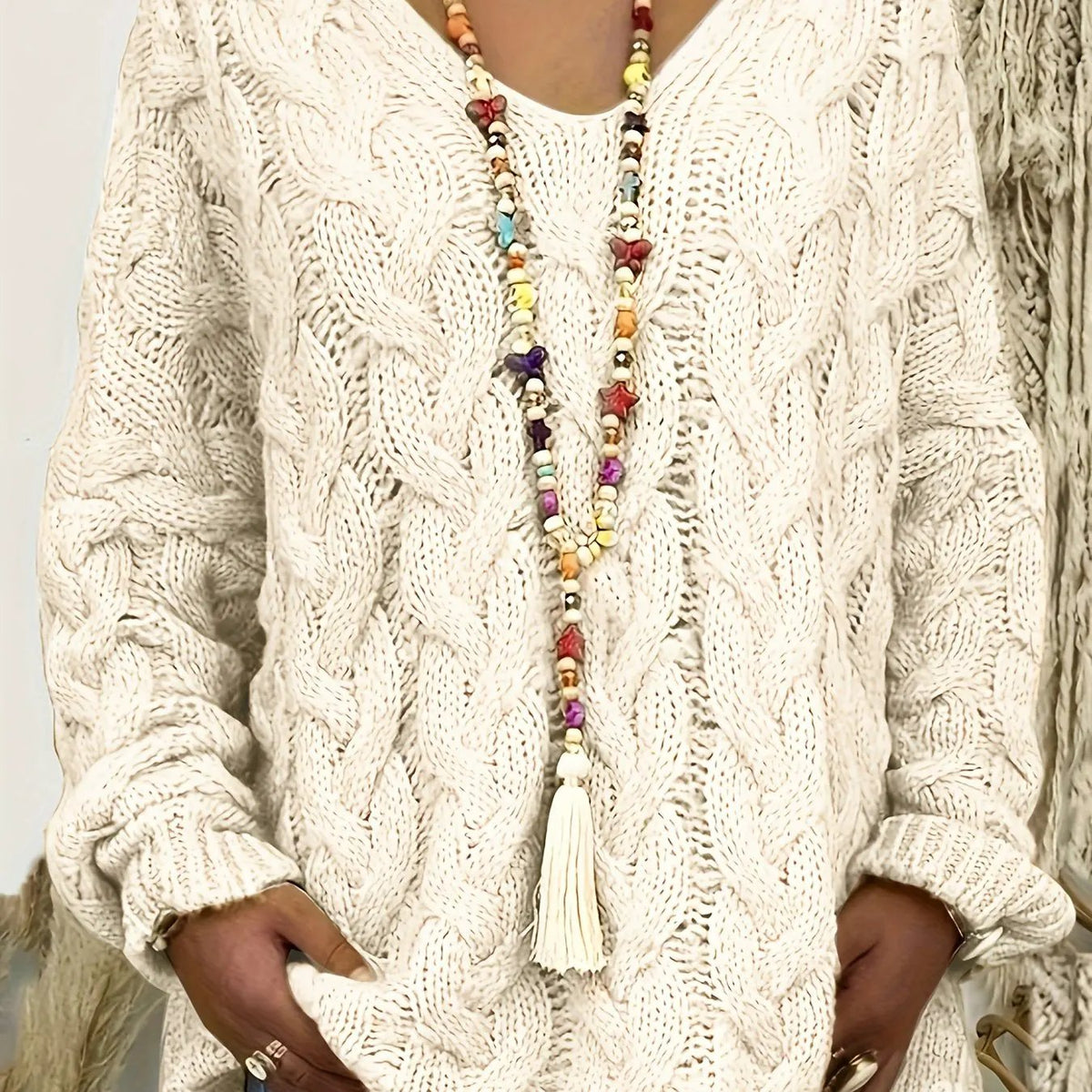Women's Relaxed Cable-Knit V-Neck Jumper-Women's Sweaters-Bellmaren-Beige-2XL-My Store