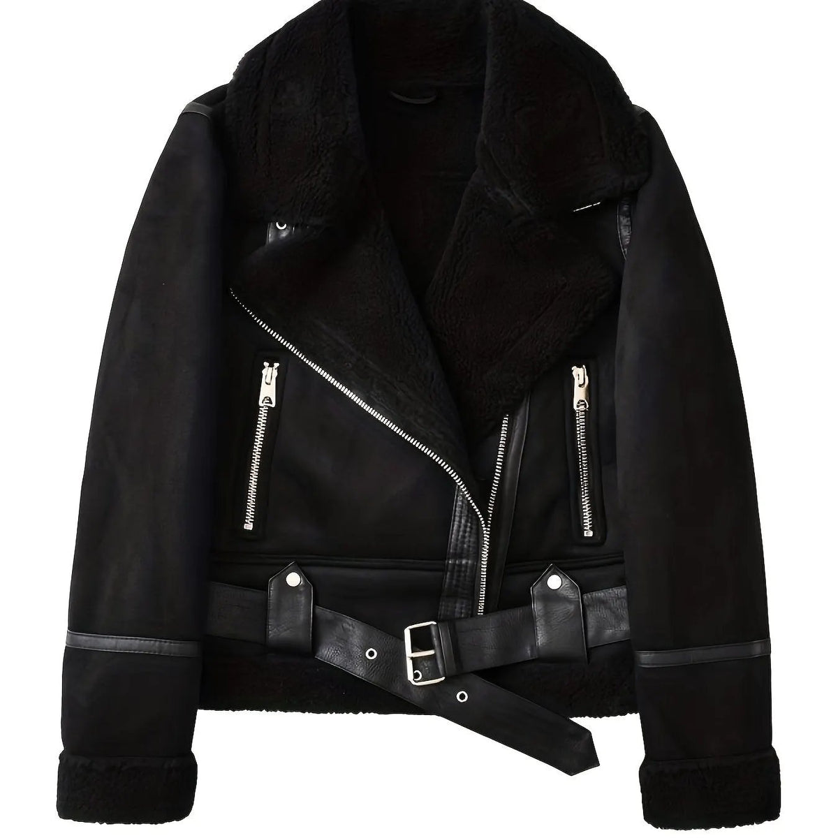 Women's Belted Aviator Jacket with Zip Front-Women's Coats & Jackets-Bellmaren-Black-XS-My Store