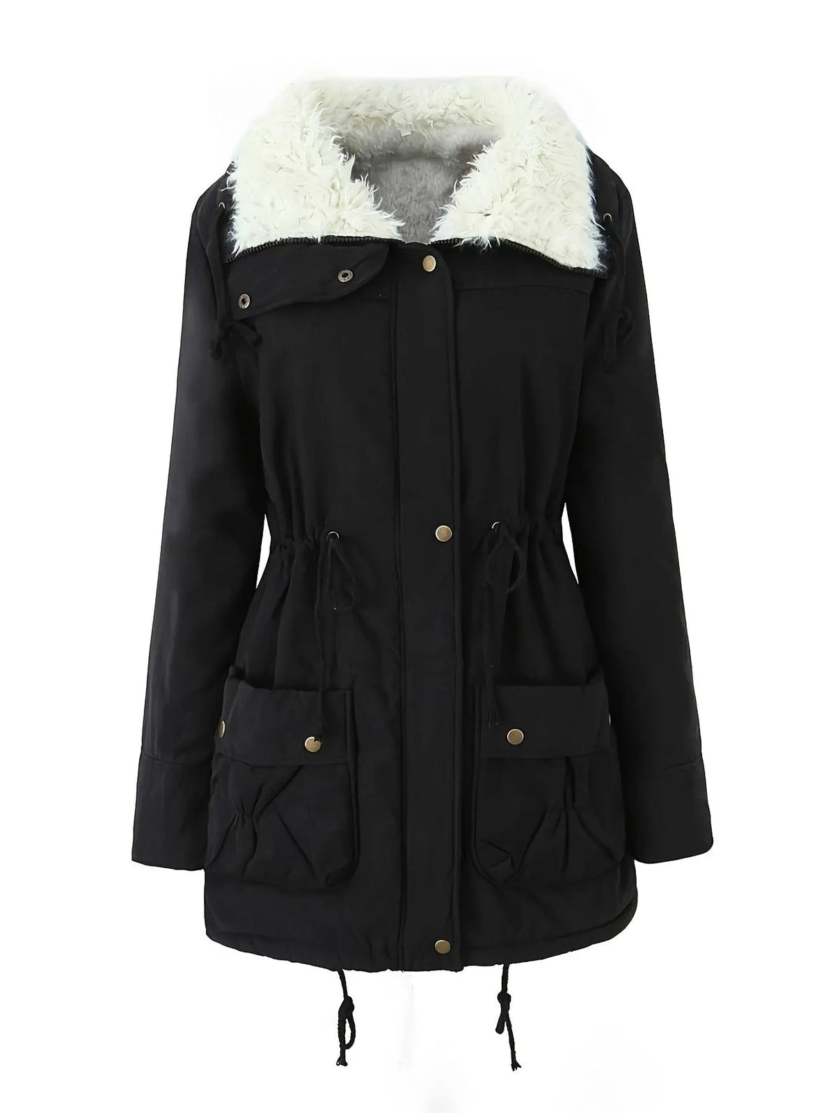 Women's Hooded Mid-Length Parka With Drawstring Waist-Women's Coats & Jackets-Bellmaren-Black-S-My Store