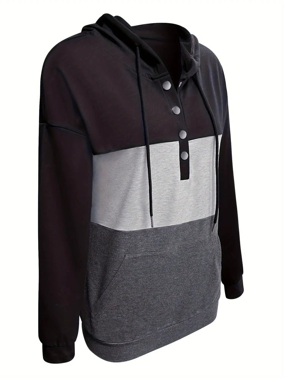Women's Colour Block Hoodie with Button Neck-Women's Hoodies-Bellmaren-Black-S-My Store
