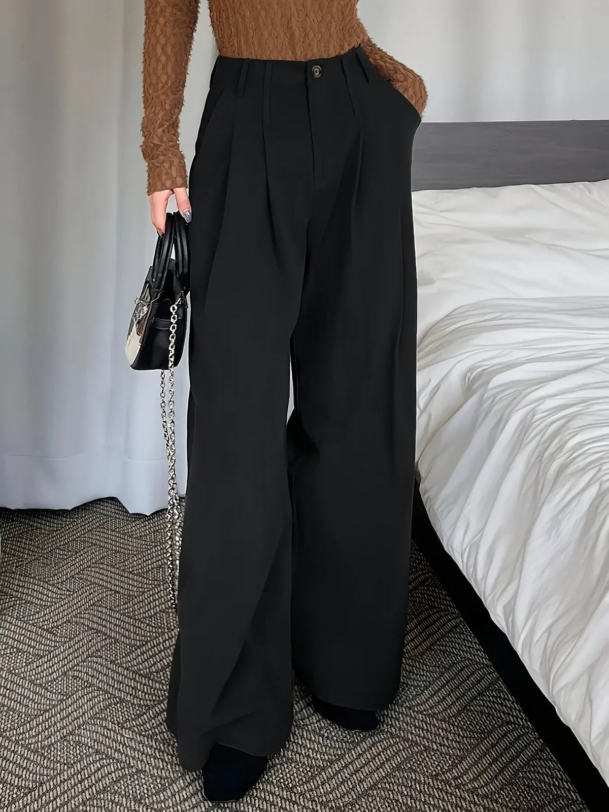 Women's Pleated Wide Leg Trousers Relaxed Fit-Women's Trousers-Bellmaren-Black-S-My Store