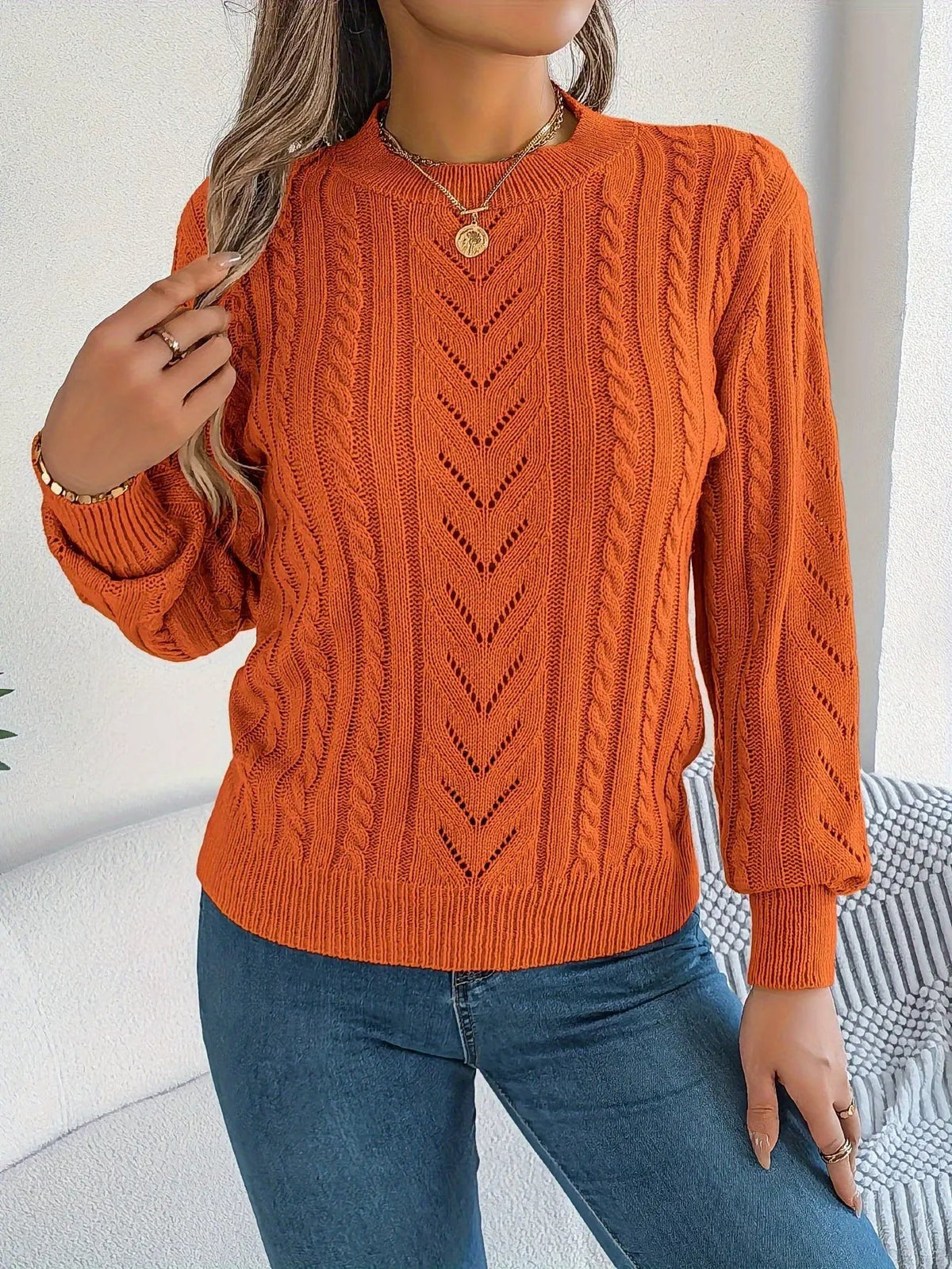 Women's Cable Knit Textured Sweater with Openwork Detailing-Women's Sweaters-Bellmaren-Khaki-S-My Store