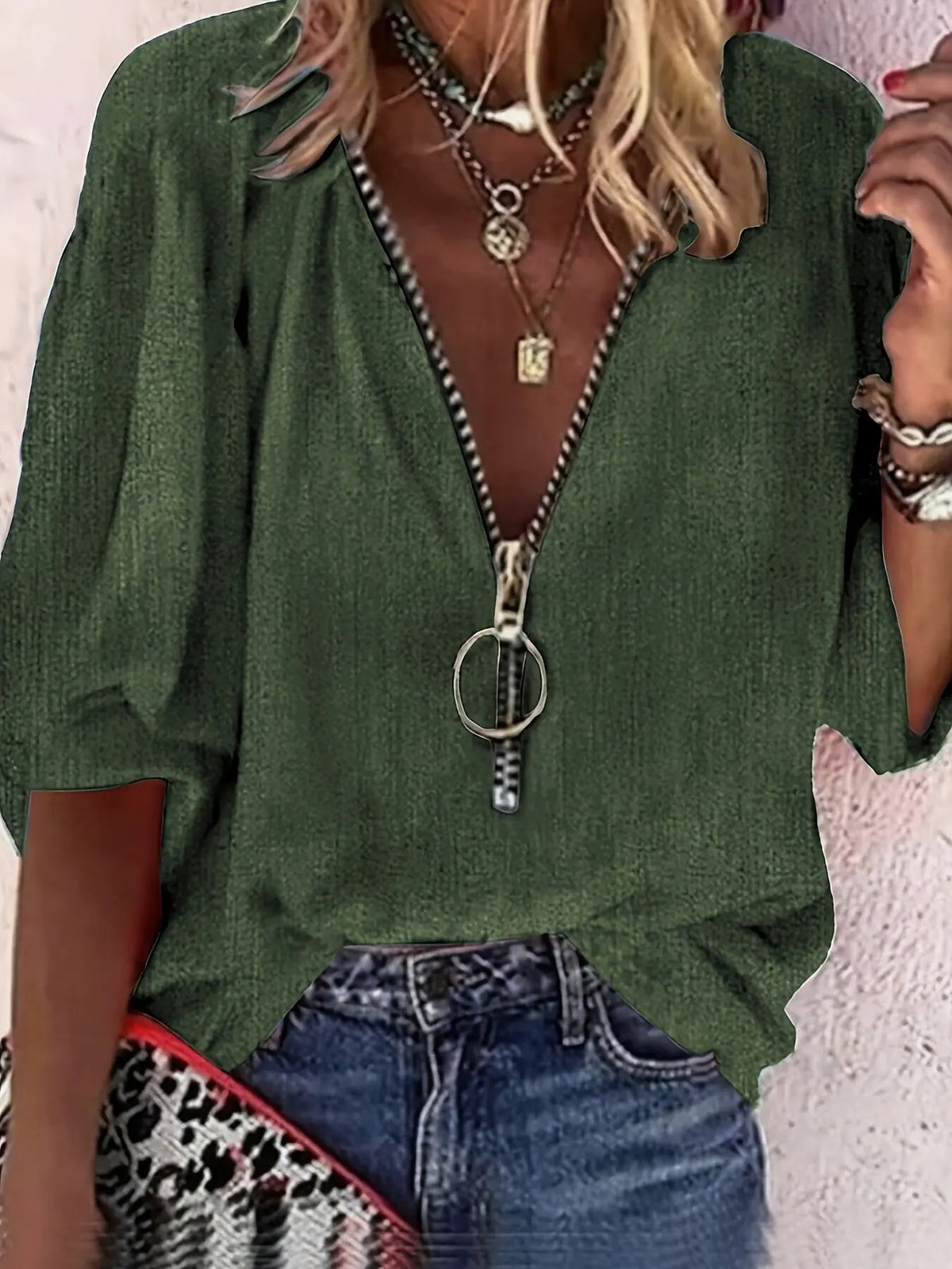Women's Zip Front V-Neck Relaxed Blouse-Women's Blouses-Bellmaren-Khaki-S-My Store