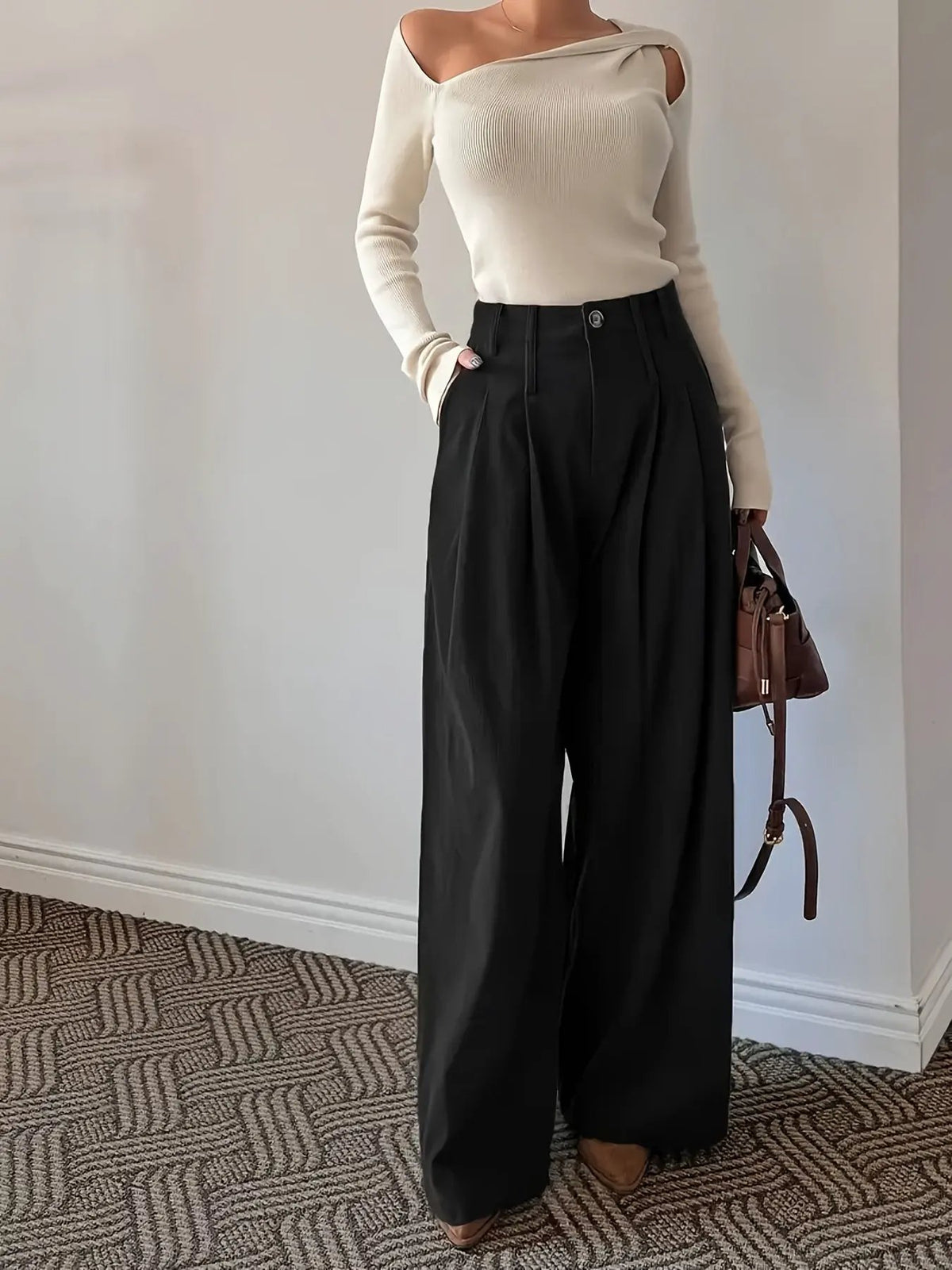 Women's Pleated Wide Leg Trousers Relaxed Fit-Women's Trousers-Bellmaren-Black-S-My Store