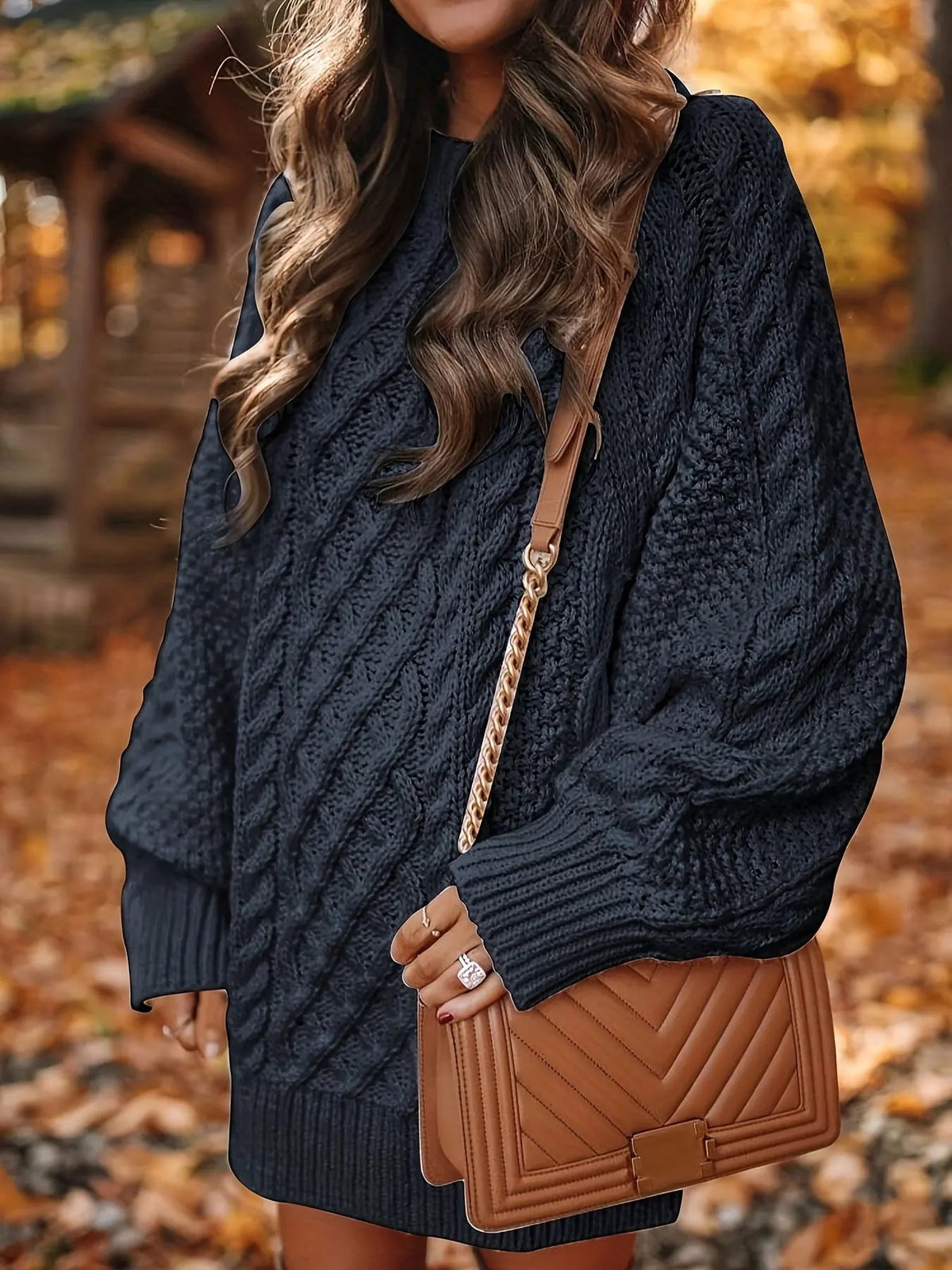 Women's Cable-Knit Sweater Dress Crew Neck Relaxed Silhouette-Women's Dresses-Bellmaren-Black-S-My Store