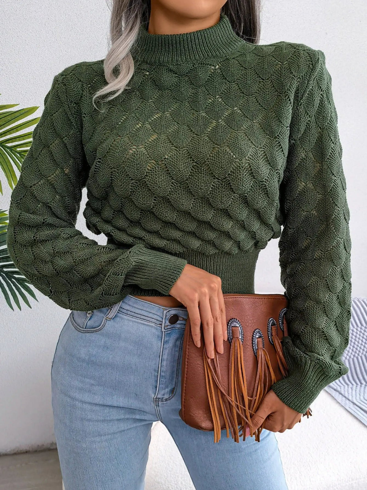 Women's Textured Cropped Sweater With Gentle Stretch-Women's Sweaters-Bellmaren-Khaki-S-My Store