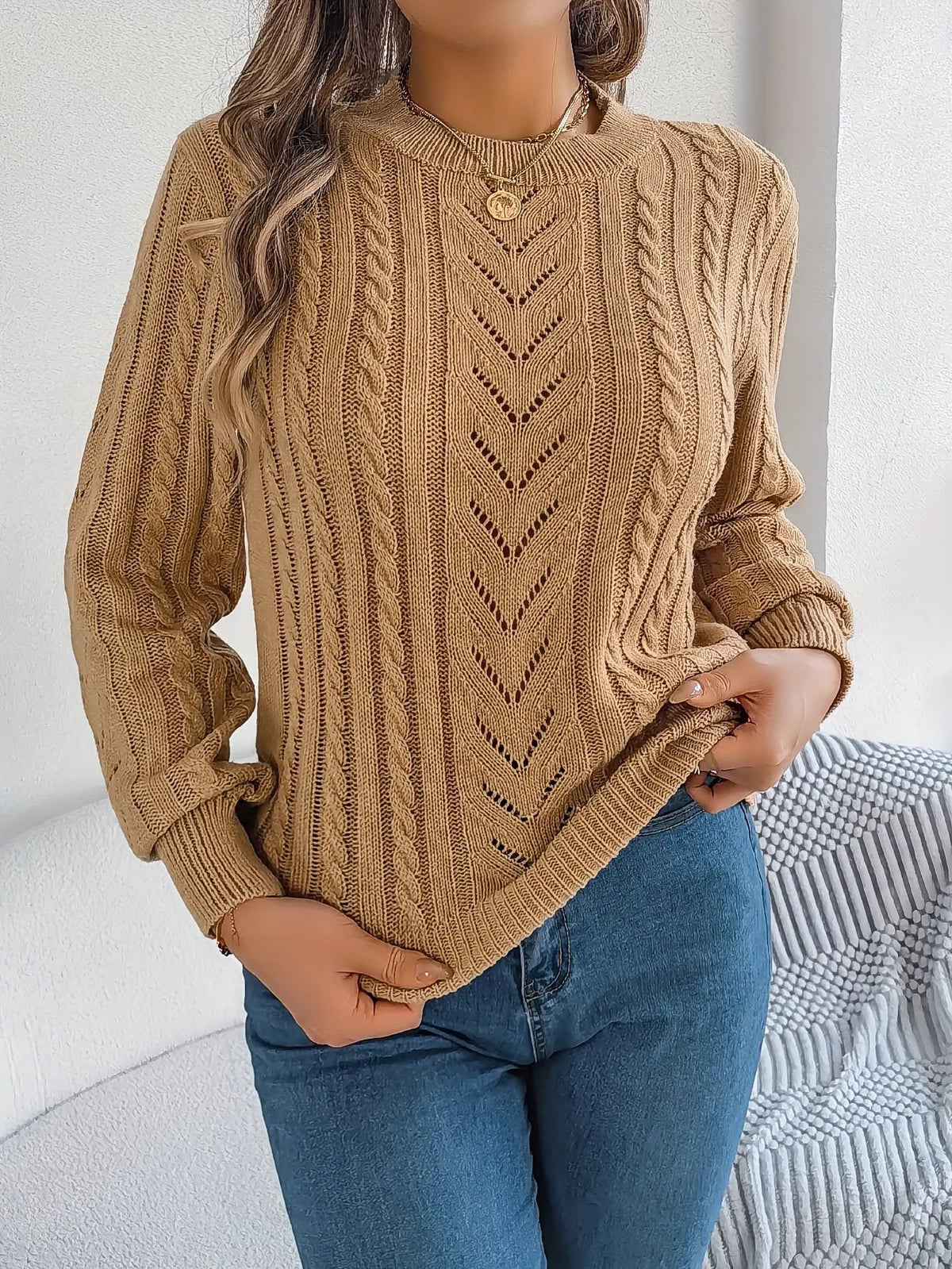 Women's Cable Knit Textured Sweater with Openwork Detailing-Women's Sweaters-Bellmaren-Khaki-S-My Store