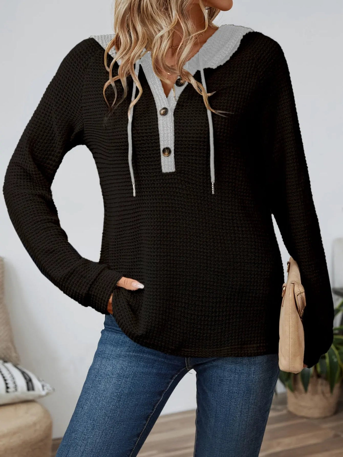 Women's Relaxed Waffle Hooded Top - Contrast Hood-Women's Hoodies-Bellmaren-Beige-S-My Store
